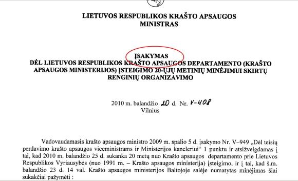 15min.lt iliustracija/Įsakymą pasiraaė kraato apsaugos ministrės įgaliotas viceministras Vytautas Umbrasas.