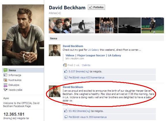 15min.lt/Davido Beckhamo įraaas socialiniame tinkle Facebook, kad naujagimei dukrai suteiktas Harper Seven vardas.