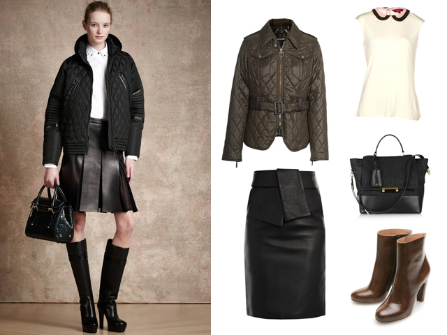 Ia kairės: Belstaff pre-fall 2013 m. kolekcija, Barbour striukė, Balenciaga pieatuko formos sijonas, Ted Baker marakinėliai, Diane Von Furstenberg rankinė, Martin Margiela batai.