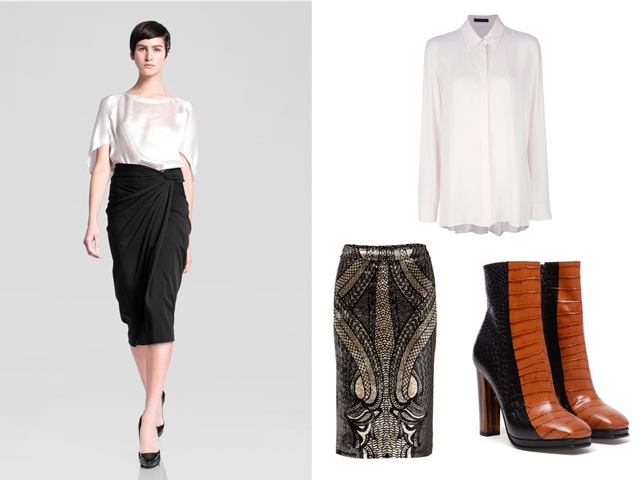 Ia kairės: Donna Karen pre-fall 2013 m. kolekcija, The Row marakiniai, Etro sijonas, Dries Van Noten aukatakulniai.