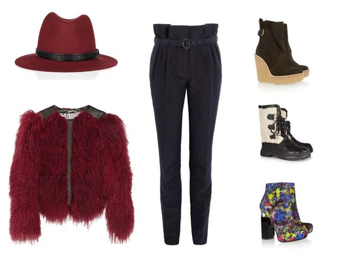 Ia kairės: Rag&Bone raudonos vilnos fedora, Etro kailiniai, Burberry Prorsum kelnės, Pierre Hardy zomainiai batai, Tory Burch žemapadžiai, Nicholas Kirkwood aukatakulniai.