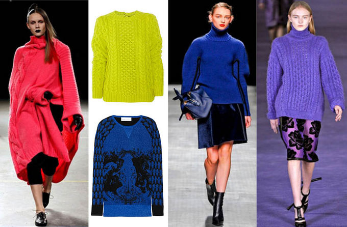 Mados namų archyvai./Ia kairės: Yohji Yamamoto, geltonas megztinis, Joseph, mėlynas megztinis, Prabal Gurung, Sportmax, Christopher Kane 2013 m. žiemos kolekcijos. 