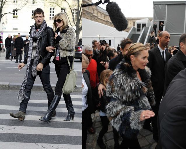 Britų modelis su sutuoktiniu Jamie Hince Paryžiuje. Dešinėje: Kate Moss atvyksta į Louis Vuitton kolekcijos pristatymą. 