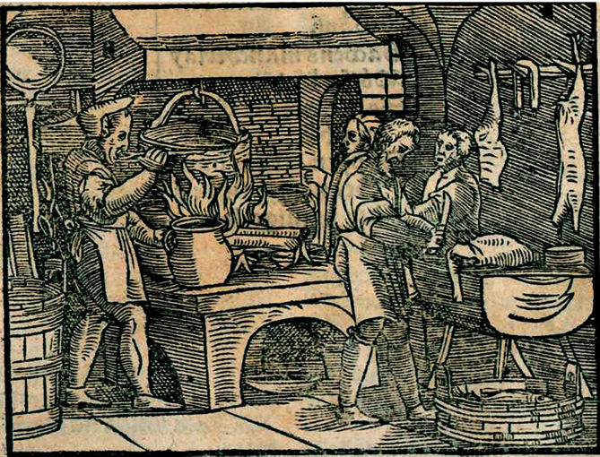 1547 m. Iš Staindl, Balthasar. “Ain künstlichs und nutzlichs Kochbuch”. Augspurg, 1547./Virtuvė, virėjai ir maisto gaminimas
