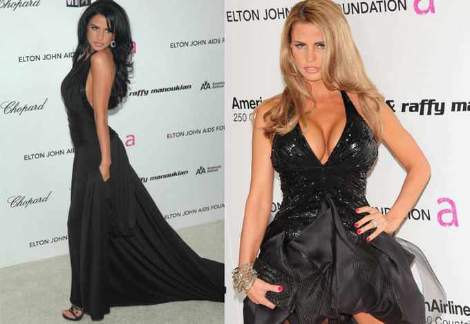 Scanpix nuotr. / Ia kairės: Katie Price Los Andžele, Kalifornijoje dalyvauja Eltono Džono rengiamame AIDS labdaros vakare, 2009-ųjų vasaris. Deainėje: tame pačiame kasmetiniame renginyje 2011 metų vasarį.
