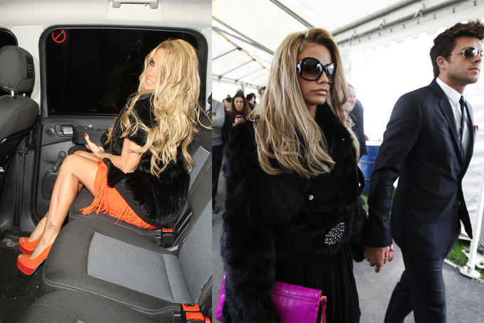 Scanpix nuotr. / Ia kairės: Katie Price viena iavyksta ia Gaucho restorano Londone po vakarienės su savo buvusiu vaikinu. Deainėje: Katie kartu su Leandro Penna atvyksta į žirgų lenktynes vakarų Anglijoje. 