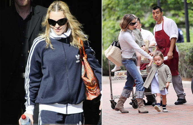 Scanpix nuotr. / Ia kairės: JAV atlikėja Madonna Paryžiuje iaeina ia Le Crillon vieabučio. Deainėje: Sekso ir miesto serialų bei filmų žvaigždė Sarah Jessica Parker žaidžia parke Niujorke su savo dvyniais ir jų aukle.
