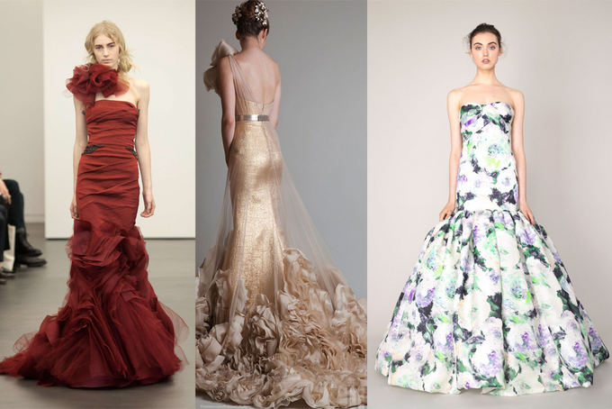 Ia kairės: Vera Wang 2013 m. pavasario vestuvinių suknelių kolekcija (Scanpix nuotr.); Krikor Jabotian aukatosios mados 2014 m. linija (krikorjabotian.com); Marchesa resort 2014 kolekcijos modelis (marchesa.com).