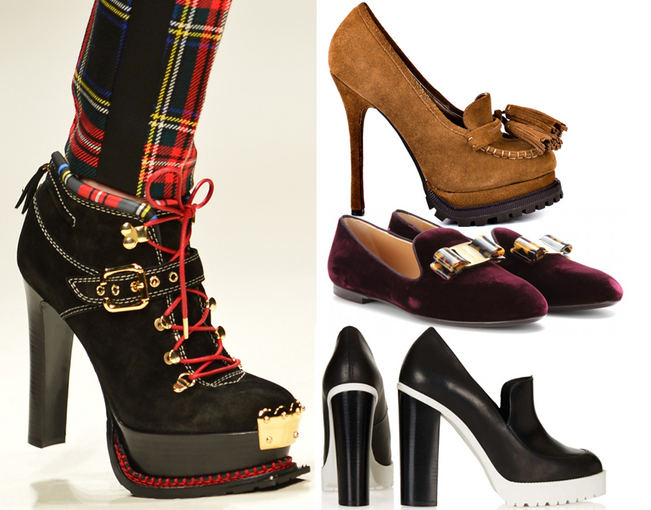 Scanpix, mytheresa.com, heels.com, asos.com nuotr. / Ia kairės ir viraaus: Moschino kolekcija Milano mados savaitėje, kupranugario odos spalvos zomainiai Rune aukatakulniai, Salvatore Ferragamo slyvų spalvos bateliai, juodos odos Asos bateliai stambiu kulnu.
