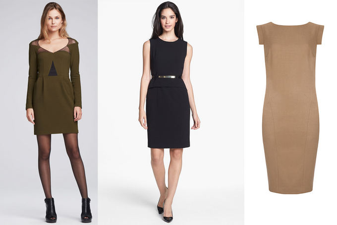 neimanmarcus.com, nordstrom.com, johnlewis.com nuotr. /Ia kairės: žalių alyvuogių spalvos Nanette Lepore suknelė; liemenį akcentuojanti juoda Calvin Klein suknelė; kupranugario kailio spalvos flanelinė Ted Baker suknelė.
