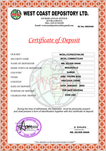CERT OF DEPOSIT
