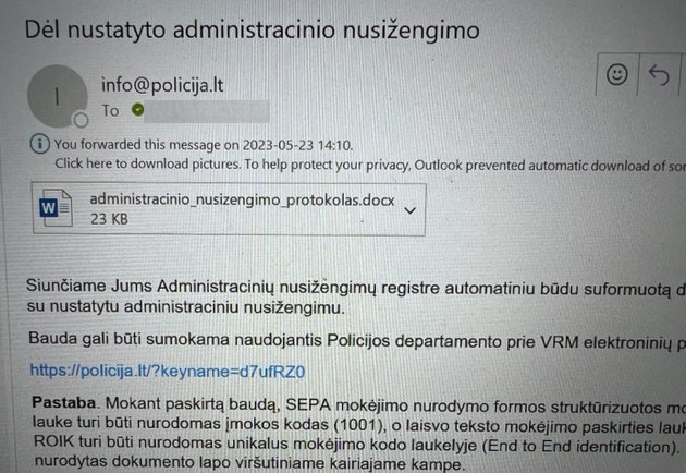 Kibernetinės saugos pratybų metu gauto laiško pavyzdys