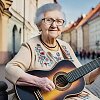 Dirbtiniu intelektu sugeneruota močiutė groja gitara Vilniaus senamiestyje