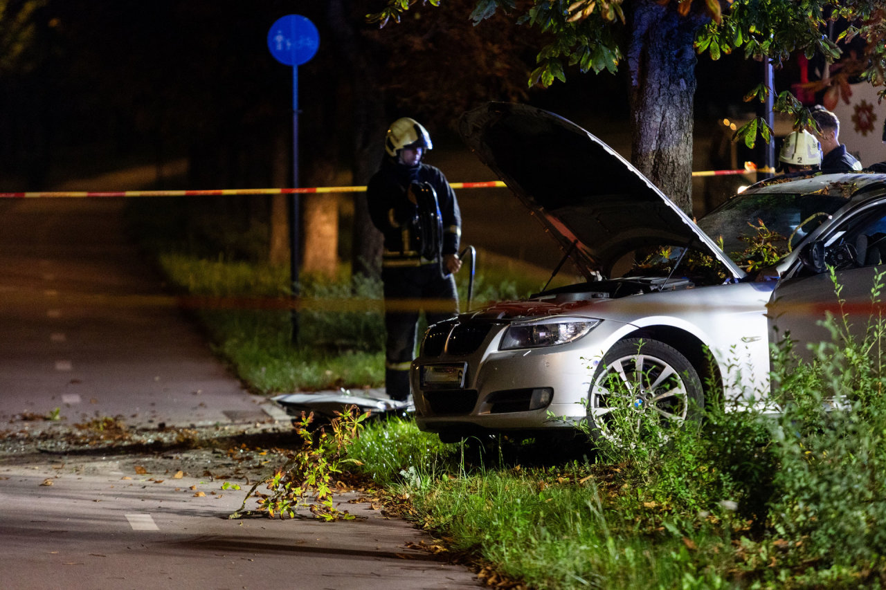 Prie Seimo BMW rėžėsi į medį: prispaustą merginą vadavo ugniagesiai