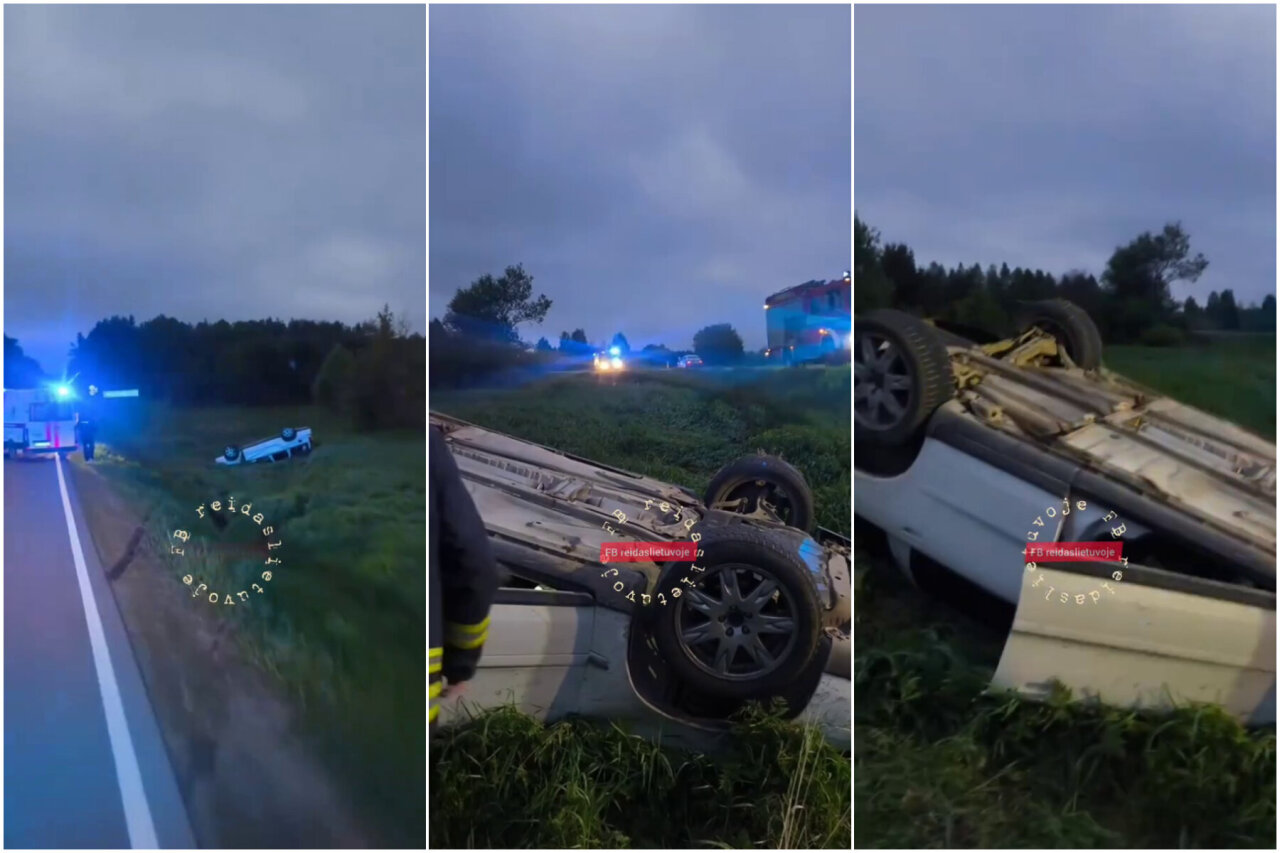 Tarnybos lėkė gelbėti nukentėjusiosios moters: nesuvaldytas „Volvo“ – ratais į dangų