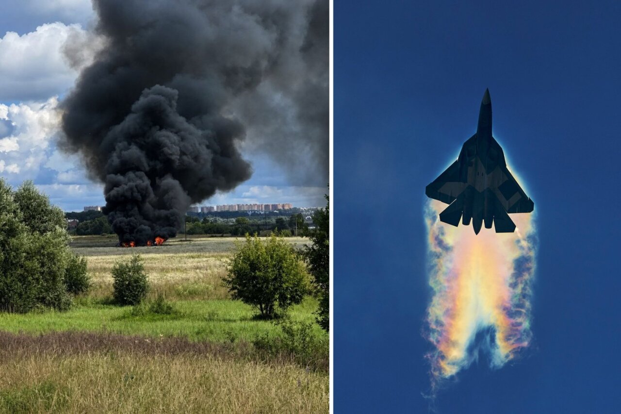 Netoli Maskvos į žemę rėžėsi „Su-57“ naikintuvas: liko dūmai ir liepsnos