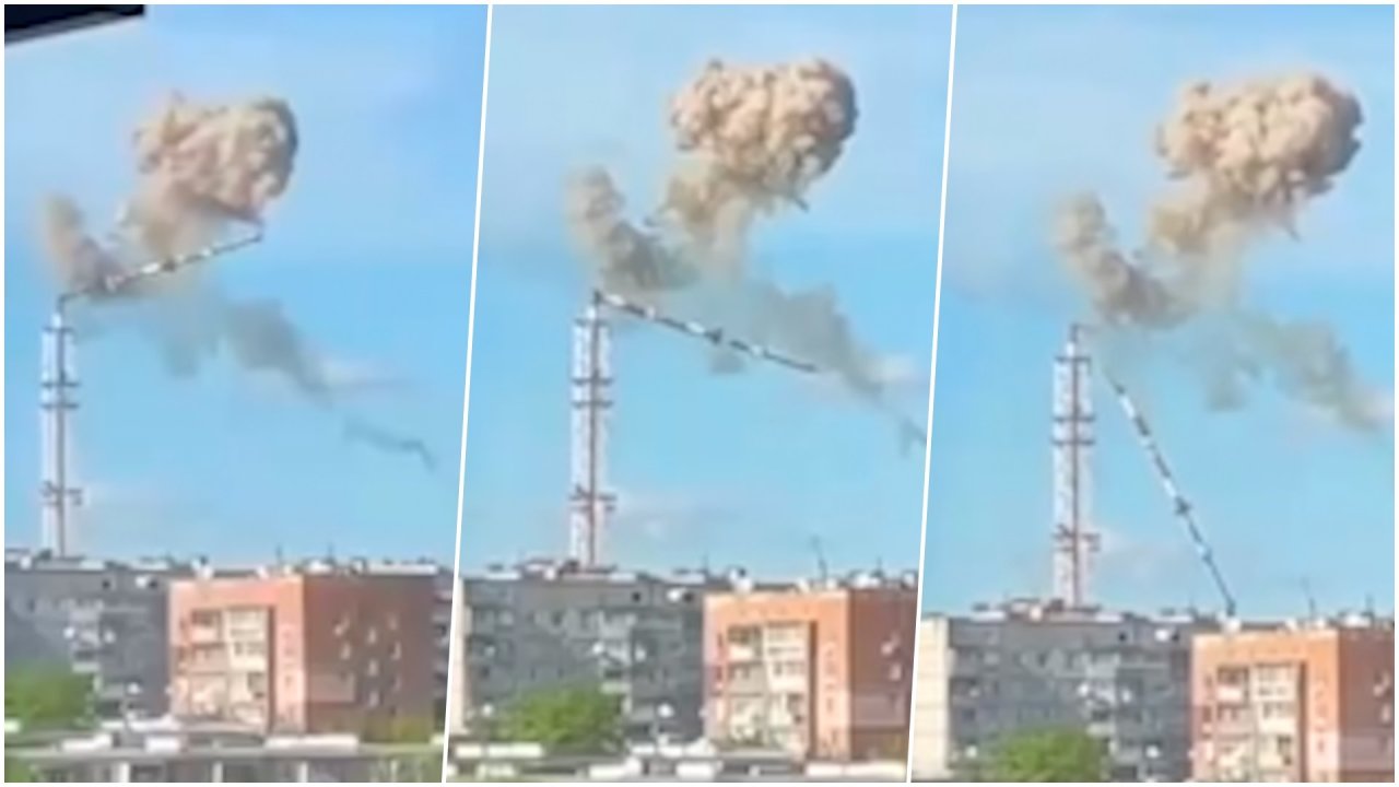 Rusija smogė televizijos bokštui Charkive: jis lūžo per pusę