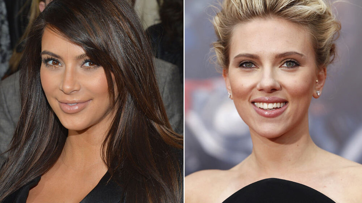 Kuri gražesnė: blondinė ar brunetė? Kairėje: Kim Kardashian, dešinėje: Scarlett Johansson.