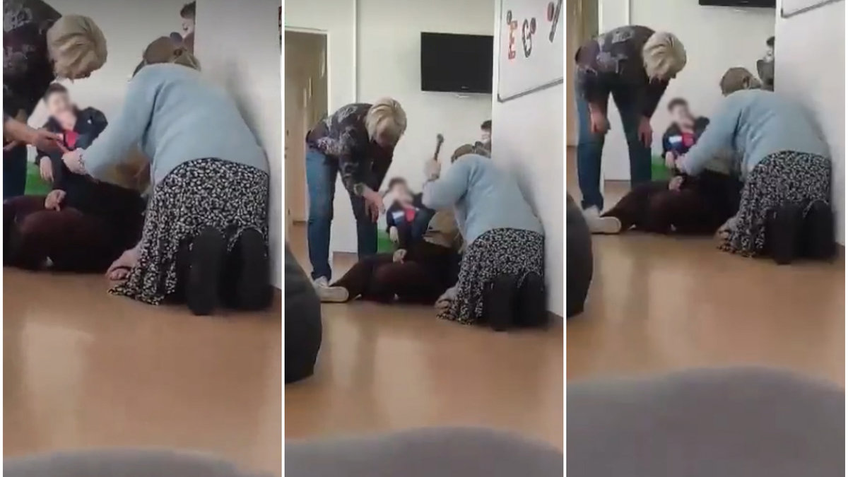 „TikTok“ platformoje patalpintas vaizdo įrašas, kur mokyklos darbuotojos prieš vaiką mosuoja plaktuku / 15min.lt koliažas