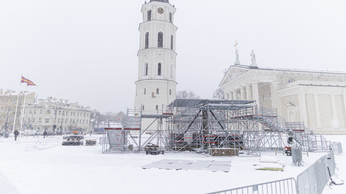 Katedros aikštėje – pradėta statyti Kalėdinė eglė / Irmanto Gelūno / BNS nuotr.