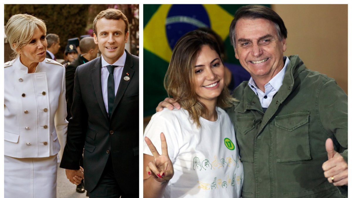 Emmanuelis Macronas su žmona Brigitte ir Jairas Bolsonaro su žmona Michelle/ Vida press ir SCANPIX nuotr.