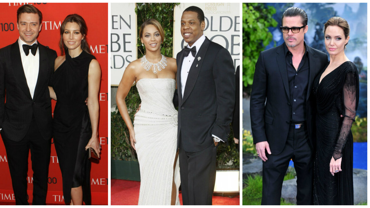 Justinas Timberlake'as su Jessica Biel, Beyonce su Jay-Z ir Bradas Pittas su Angelina Jolie