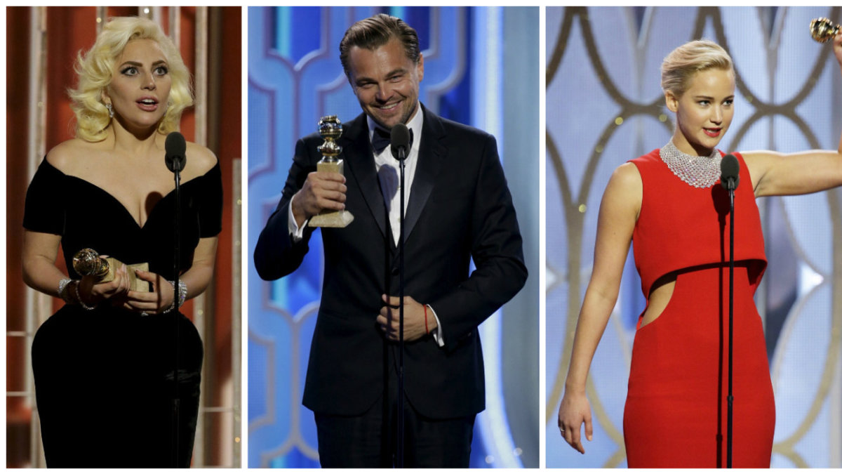 Lady Gaga, Leonardo DiCaprio, Jennifer Lawrence ir Sylvesteris Stallone