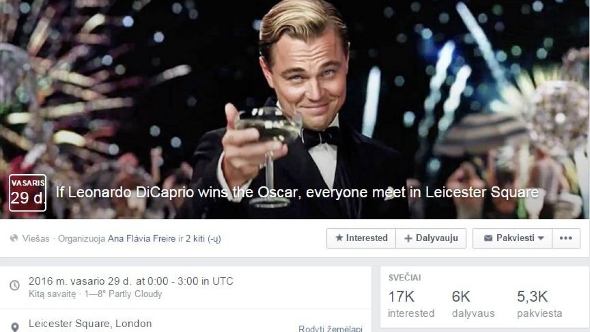 Leonardo DiCaprio gerbėjai planuoja masinę šventę, jei jis pagaliau gaus „Oskarą“