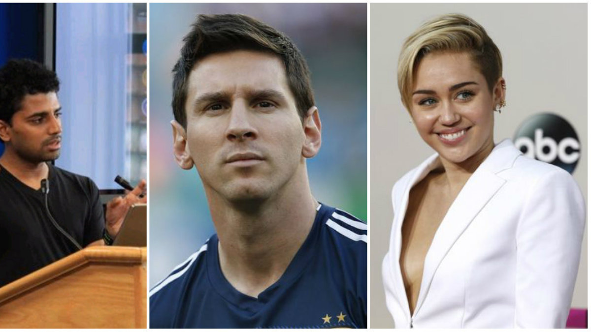 Iš kairės: Naveenas Selvadurai, Lionelis Messi, Miley Cyrus