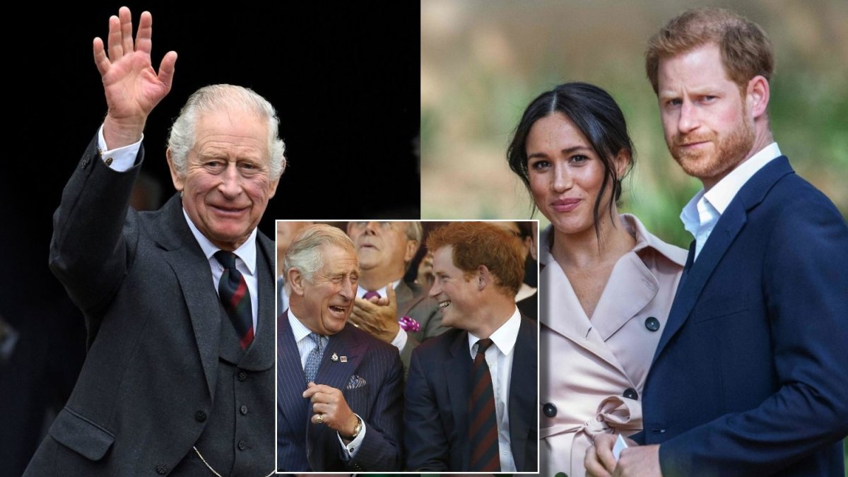 Charlesas III, princas Harry ir Meghan Markle / AFP/„Scanpix“ nuotr.