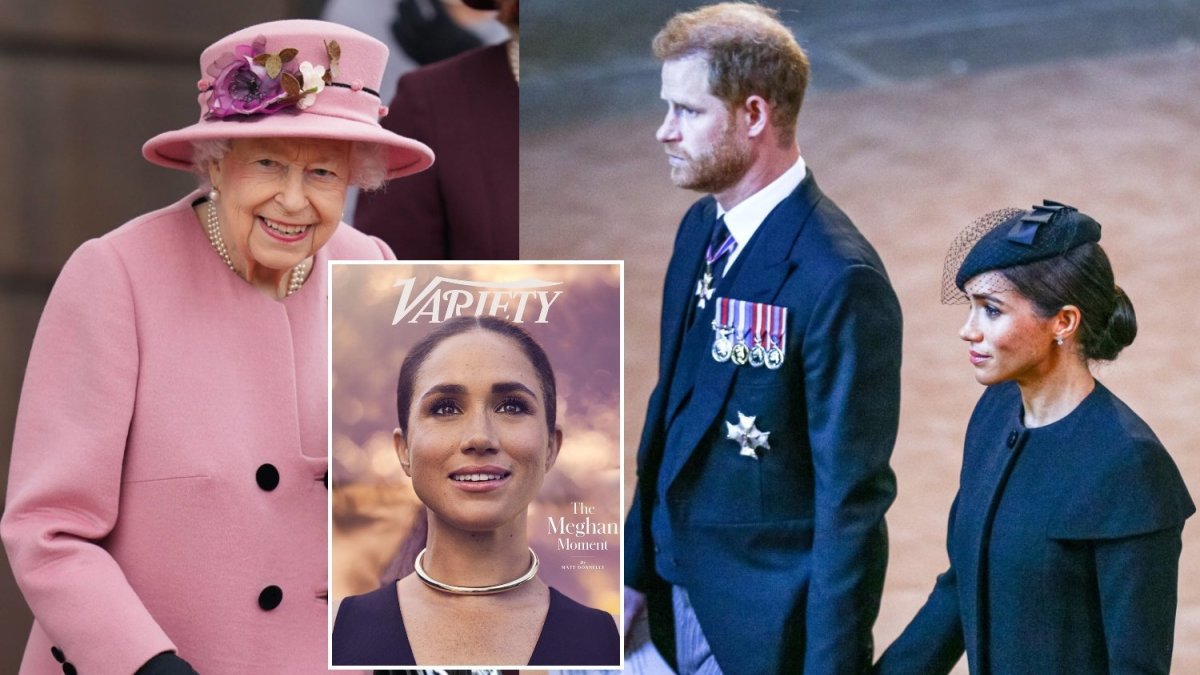 Elizabeth II, Meghan Markle, princas Harry / Žurnalo „Variety“ viršelis ir „Scanpix“ nuotr.