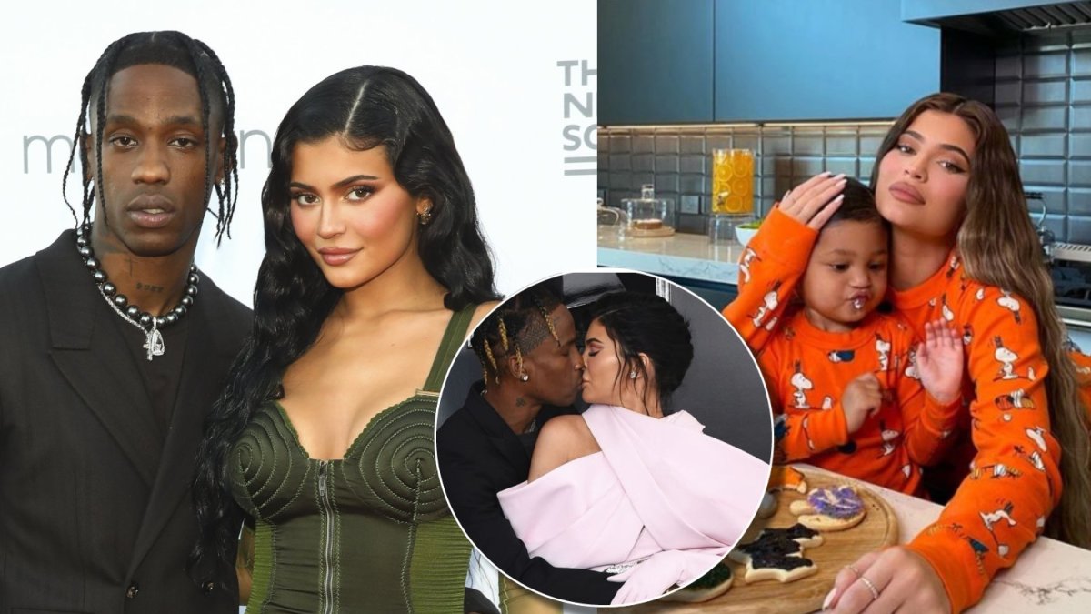 Kylie Jenner ir Travisas Scottas su dukra / Scanpix ir socialinių tinklų nuotr.