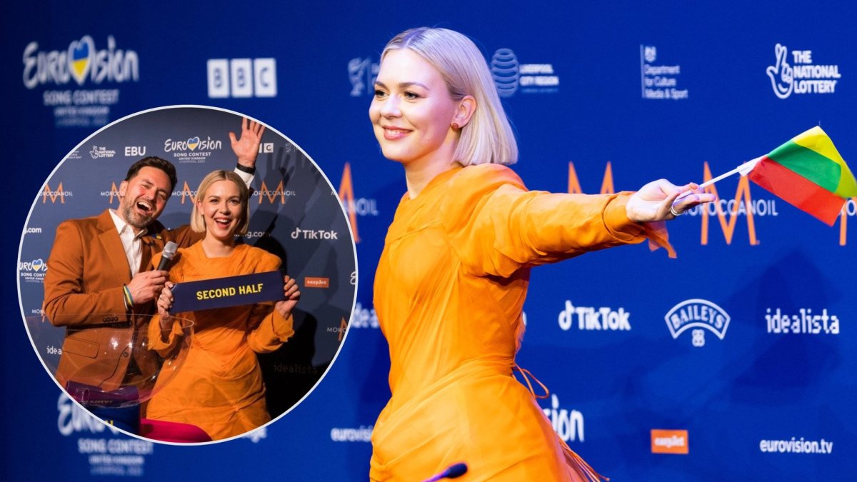 Monika Linkytė „Eurovizijos 2023“ antrojo pusfinalio spaudos konferencijoje / Luko Balandžio ir EBU nuotr.