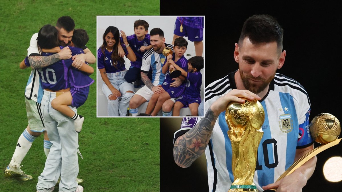 Lionelis Messi su žmona Antonela Roccuzzo ir sūnūmis Mateo, Thiago bei Ciro / „Scanpix“ nuotr.