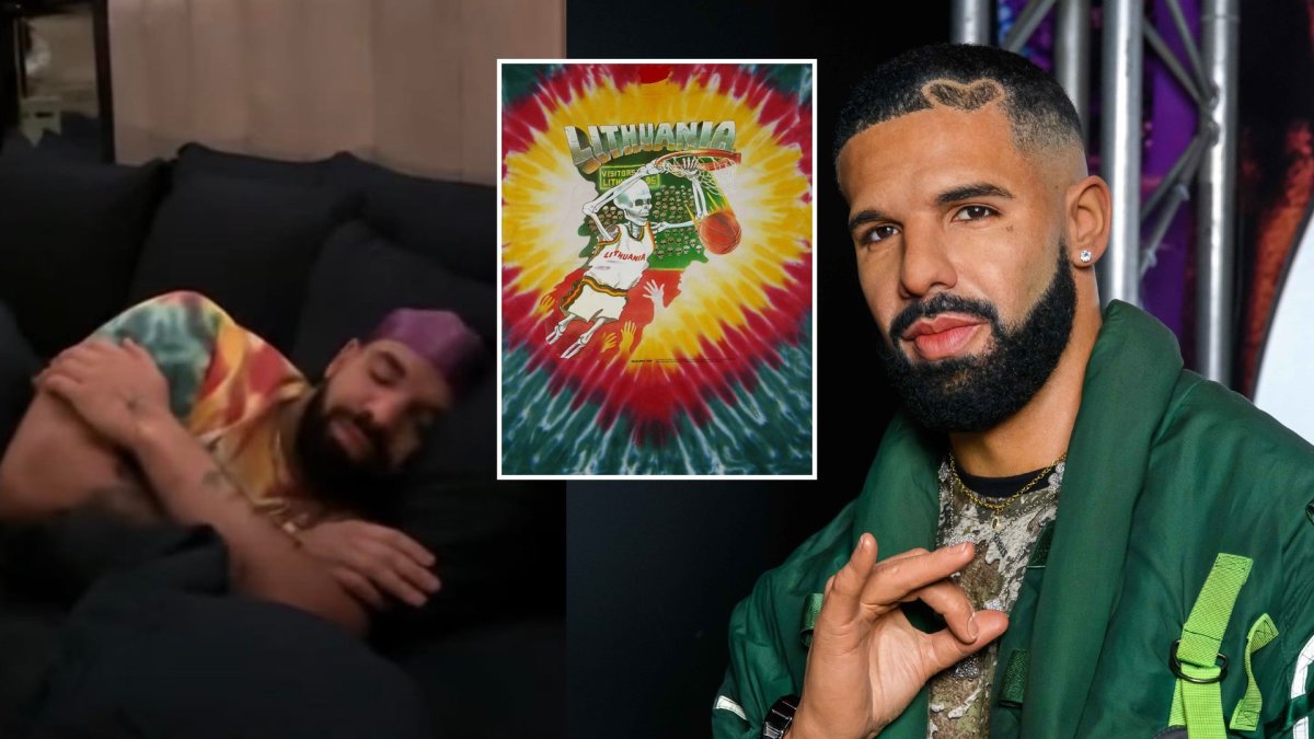 Drake'as su Lietuvos krepšinio rinktinės marškinėliais / Scanpix ir Skullman.com nuotr.