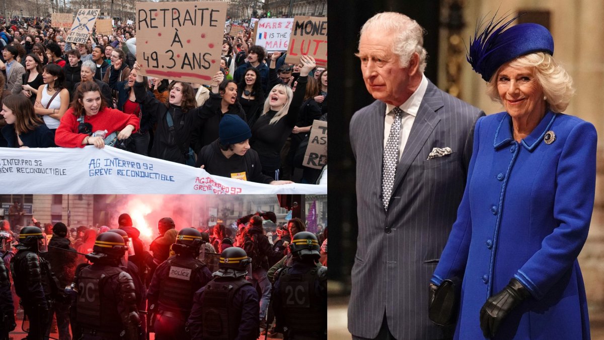 Protestai Prancūzijoje, karalius Charlesas III ir Camilla / „Scanpix“ nuotr.