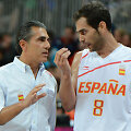 Ispanijos krep&scaron;inio rinktinės vyriausiasis treneris Sergio Scariolo ir įžaidėjas Jose Calderonas.