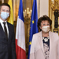 Kultūros ministras Simonas Kairys ir Prancūzijos kultūros ministrė Roselyne Bachelot-Narquin