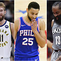 I&scaron; kairės: Domantas Sabonis, Benas Simmonsas, Jamesas Hardenas
