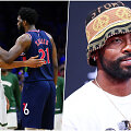 Giannis Antetokounmpo ir Joelis Embiidas (kairėje) bei Kyrie Irvingas