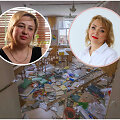 Ukrainietės mokytojos Olga Bielnycka ir Gana Tarkovska, fone &ndash; sugriauta mokykla Černihive