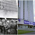 Sovietų desantininkų atakos momentas: vir&scaron; žmonių galvų matyti kulkų pataikymų į pastatą pėdsakai / Spaudos rūmai