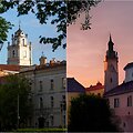 Vilniaus senamiestis. Kairėje &ndash; reali nuotrauka, de&scaron;inėje &ndash; dirbtinio intelekto pagalba sukurtas vaizdas.