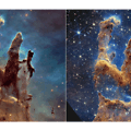 Kūrimo stulpai: kairėje užfiksuoti &bdquo;Hubble&ldquo; teleskopu, de&scaron;inėje - Jameso Webbo kosminiu teleskopu