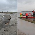 Potvynio jėga nuplovė pernai i&scaron;piltą asfaltą nuo kelio. Žmonės Stoni&scaron;kių seniūnijoje pasiekiami tik laiveliu.