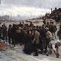 Streikuojantys darbininkai susitinka su fabriko savininku, 1886 m. Roberto Koehlrerio paveikslas