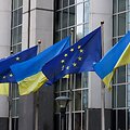 Ukrainos vėliavos sklando prie&scaron;ais ES Parlamentą. / Yves Herman / REUTERS