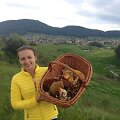 Karoli&scaron;koji musmirė puikuojasi Virginijos pririnktų grybų krep&scaron;io viduryje