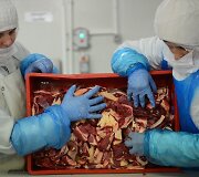 Darbuotojas mėsos perdirbimo fabrike