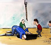 Karikatūromis pažvelgta į vis dar aktualią Lietuvos problemą &ndash; padėtį mokyklų sporto salėse.